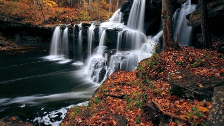 Autumn Waterfall - leaves, water, river, cascades