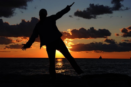 Silhouette - clouds, sunset, water, sea, man, sun, sky