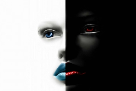 Black and White, Red and Blue - face, abstract, red, blue, mind teaser