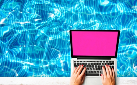 :-) - view from the top, vara, laptop, water, summer, pink, hand, card, pool