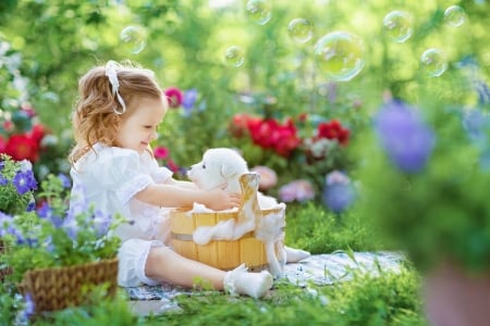 Little Girl - flowers, girl, dog, spring