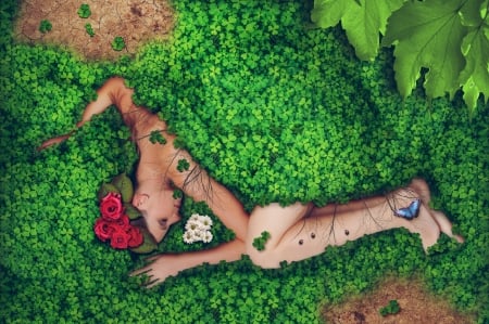 :-) - view from the top, summer, girl, flower, creative, fantasy, sleep, red, green, model, butterfly, vara, luminos