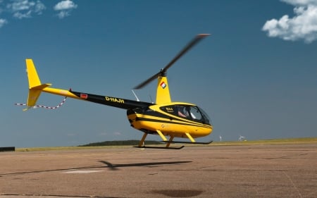 Yellow Helicopter - helicopter, yellow, airfield, sky