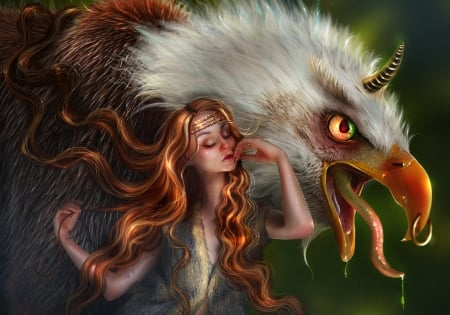 Dafy and her sweet pet - creature, brietolga, fantasy, bird, luminos, girl, frumusete