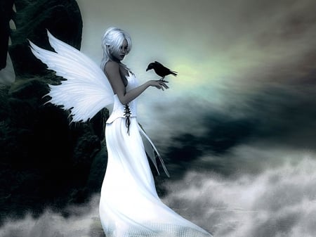 Beautiful Angel - fantasy, birds, water, wings