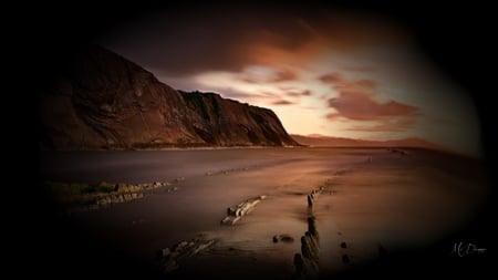 Sandy Beach Evening - Firefox theme, beach, evening, sand, dawn, twilight, cliff, sky, rocks