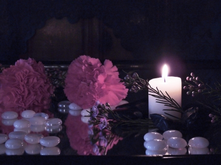 Flower Reflections - reflections, candle, abstract, glass, mirror, photography, flowers, stones