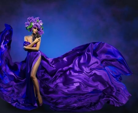 Purple beauty - flowers, dress, wreath, model