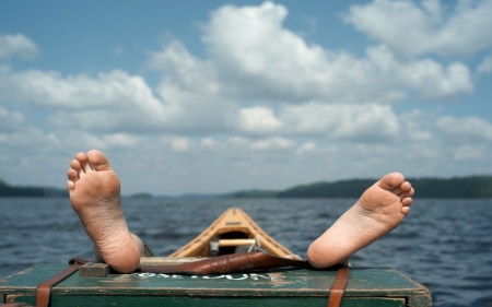 Yes I am Fishing - sky, lakes, clouds, boat, fishing, feet, nature, sleeping