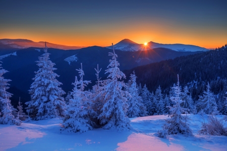 Winter Mountains under Twilight Sky - nature, winter, sunsets, twilight, mountains