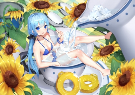 Hatsune Miku - milk, anime, yellow, summer, blue, food, girl, hatsune miku, flower, manga, white, sunflower, vara, cup