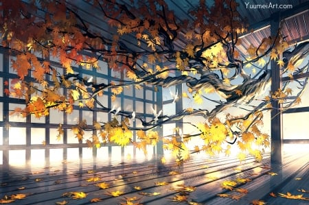 Autumn - yuumei, autumn, dove, branch, room, leaf, fantasy, bird, pasari, yellow, anime, orange, tree, manga