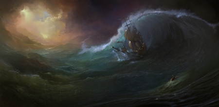 Storm - storm, pictura, water, painting, ship, sea, art