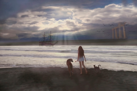 Girl with cat and dog on the beach - storm, water, summer, girl, sea, dog, cat, pictura, painting, cloud, pisici, caine, vara