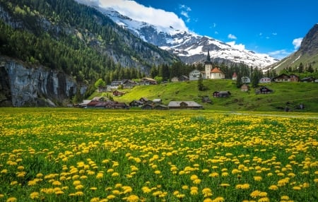 Urnerboden, Switzerland - hills, mountain, peaceful, meadow, picturesque, village, view, town, beautiful, wildflowers, switzerland