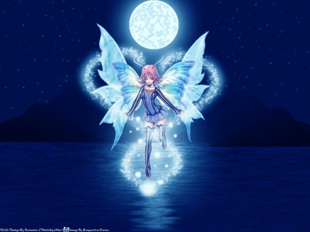 Fairy Over Water - moon, fantasy, water, wings