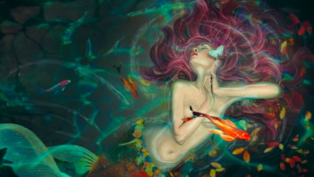 Touched by a Butterfly - woman, girl, fantasy, butterfly, art, pretty, mermaid, beautiful, digital