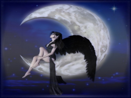 Lovely Fairy On Cresent Moon - moon, fairy, stars, sky