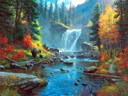 Harmony - attractions in dreams, streams, bears, forests, summer, waterfalls, mountains, nature, love four seasons, family, paintings