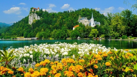 Summer at Lake Bled - flowers, blossoms, Slovenia, colors, church, castle