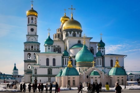 Monastery Church - domes, monastery, church, bell tower, temple