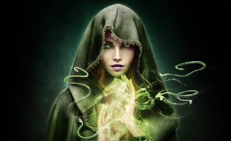 Beautiful Witch - pretty, magic, beautiful, girl, witch, fantasy, veiled, green, digital, woman, art