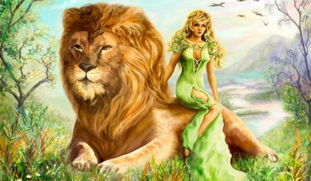 Protective Friend - woman, girl, lion, fantasy, art, pretty, beautiful, green, digital