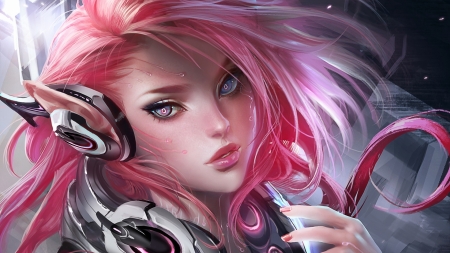 Elf girl - elf, fantasy, headphones, girl, face, sakimichan, pink, luminos