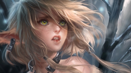 :-) - face, fantasy, wind, sakimichan, luminos, girl, fox, art