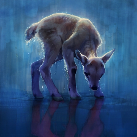 The last one - tamberella, art, baby, rain, blue, animal, fantasy, goat