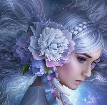 Beauty - ennya7, girl, frumusete, fantasy, face, pink, luminos, blue, peony, flower