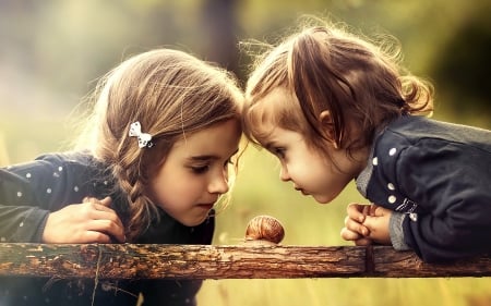 Little Sisters and Snail - girls, animal, sisters, little, snail