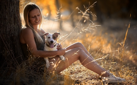 Woman with Little Dog - trees, resting, woman, dog, little