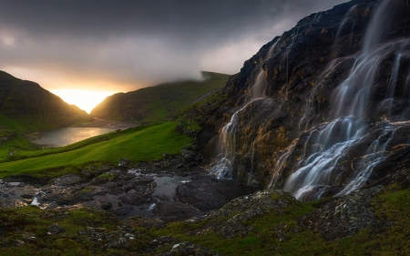 Sunset on the Faroe Islands - waterfall, nature, sunset, island