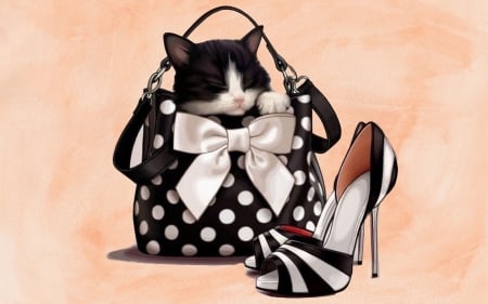 Traveling in Style - stilettos, cats, kittens, black and white, funny, sweet, cute, purse