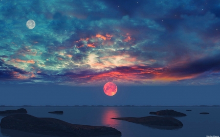 Sunset - sky, moon, sunset, sea, sun