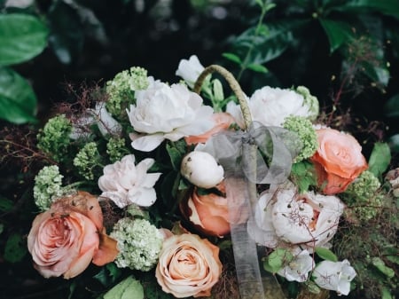 Blooming flowers - leaves, white, green, pink