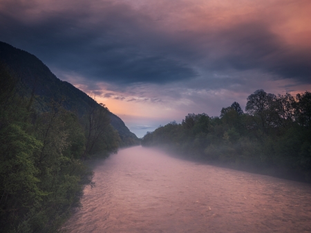 Sunset - forest, fog, sunset, river