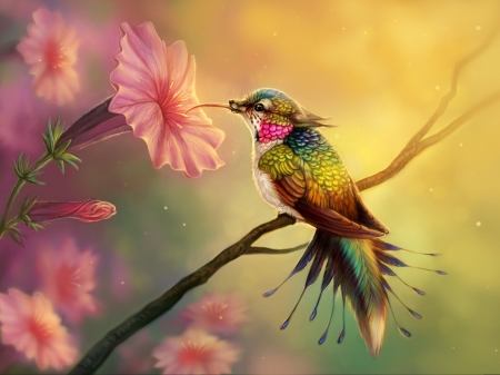 Hummingbird - luminos, pinj, pink, hummingbird, colibri, fantasy, flower