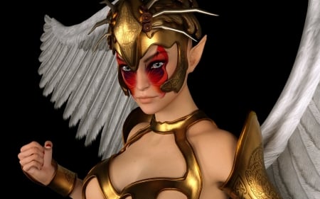 Angelw - wings, rendering, fantasy, black, golden, girl, angel