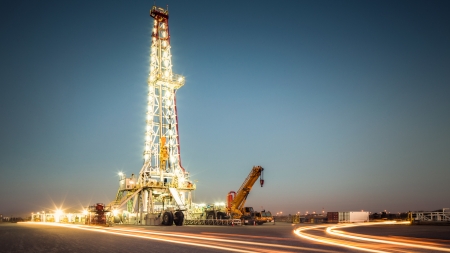 Land Drilling Rig at Night - building, drilling, rig, industrial, night, land