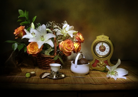 Still life - Clock, Cup, Basket, Flowers