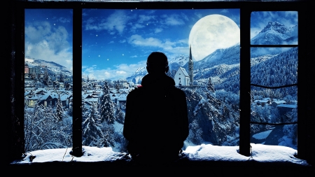 Moonlight - winter, black, silhouette, window, junnifer baya, night, luna, moon, luminos, una, man