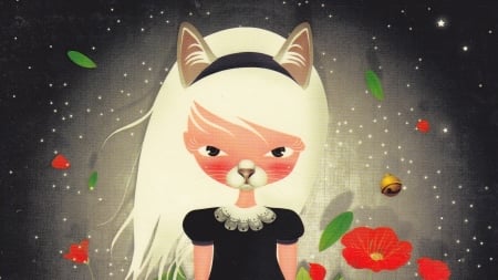 Cat girl - red, flower, fantasy, jetske, cat, girl, pisici, bell