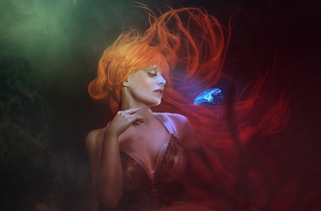 Epiphany - alkab, redhead, girl, jellyfish, frumusete, black, fantasy, mermaid, hand, luminos