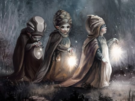 Dwarfs - fantasy, dwarf, gnomes, trio, lantern