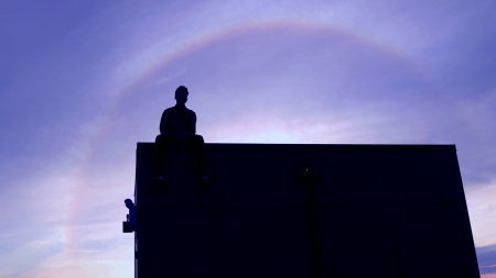 :-) - black, rainbow, roof, blue, silhouette, man, sky