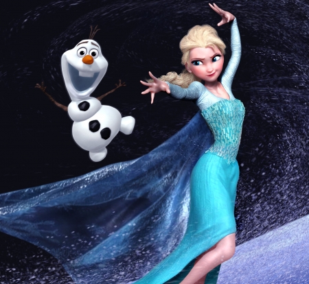 Elsa and Olaf - snowman, mars, snow queen, iarna, winter, fantasy, olaf, blue, elsa, luminos, disney, frozen