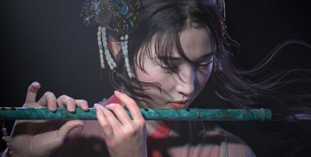 The flute - girl, frumusete, fantasy, instrument, hand, flute, sheng luo, asian, luminos