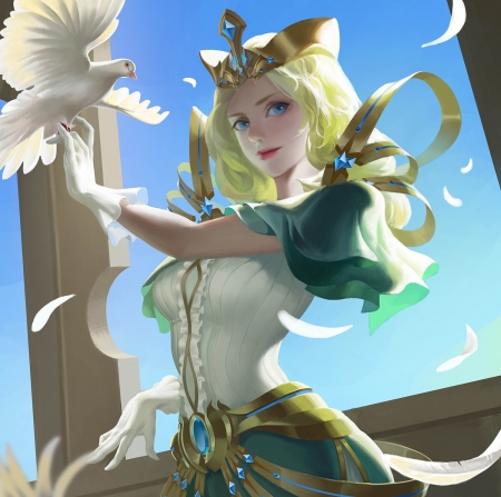 Princess - bird, pasari, star academy, green, dove, girl, princess, luminos